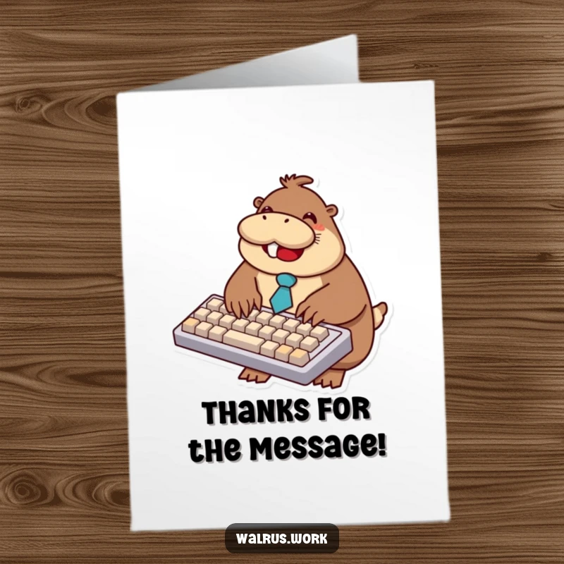Funny Free Printable Thank You Card: A smiling walrus wearing a small tie types busily on an enormous keyboard, sending thanks.