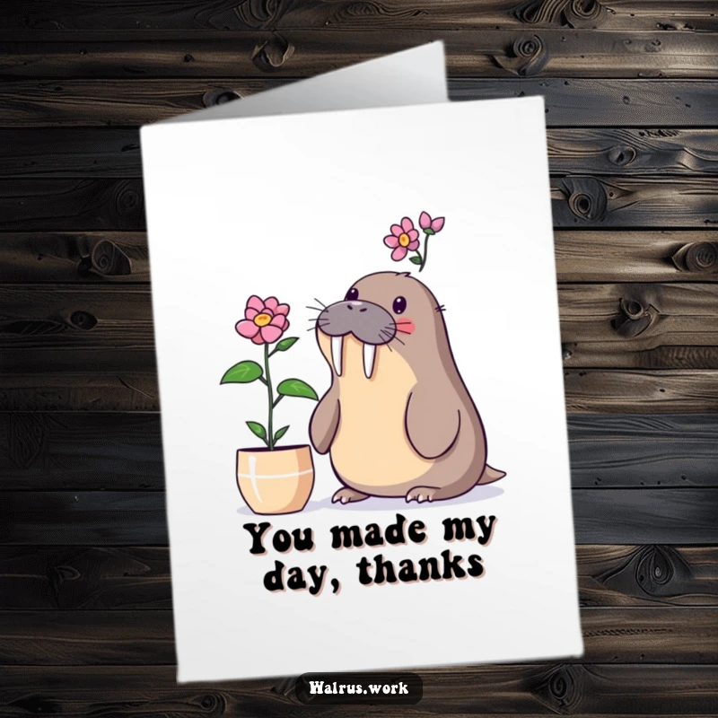 Funny Free Printable Thank You Card: A walrus looking amazed by a desk plant, ideal for a 'Print at Home' message of surprising thanks.