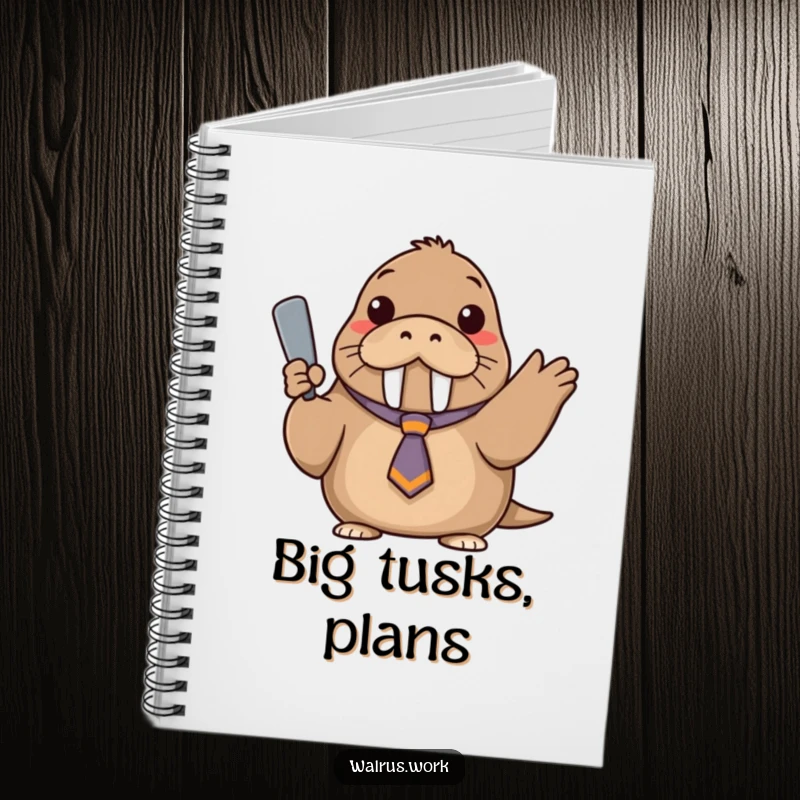 Funny notebook featuring a walrus in a tiny, askew tie, confidently gesturing with a flipper.