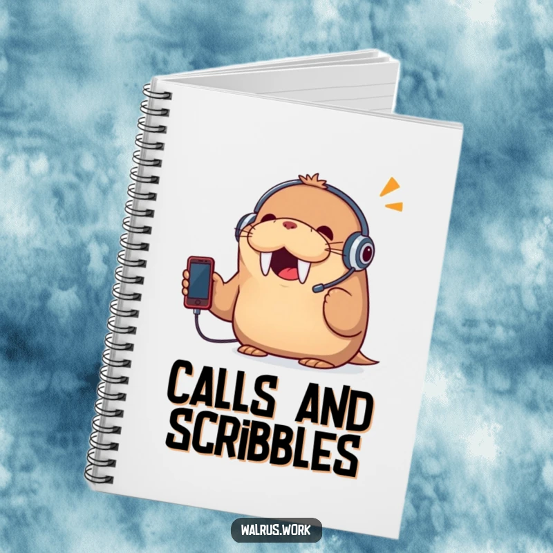 Funny notebook with a cheerful walrus wearing a headset and talking on a tiny phone, perfect for jotting down humorous thoughts.