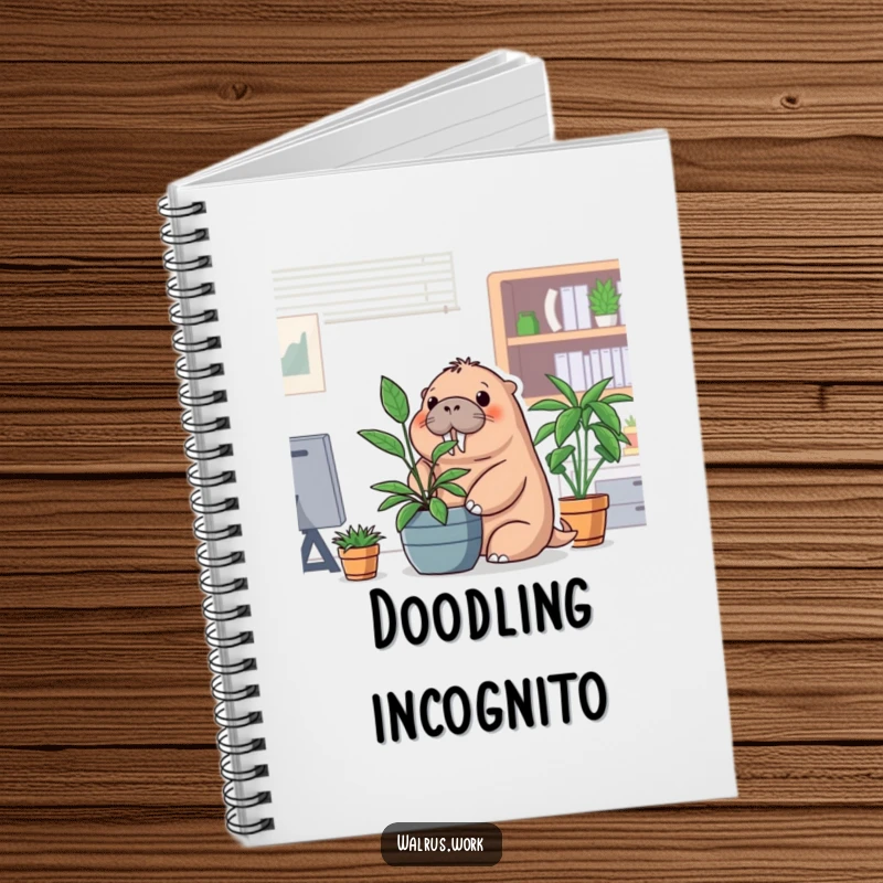 Funny office walrus notebook cover with a walrus hiding behind a potted plant, great for journaling.