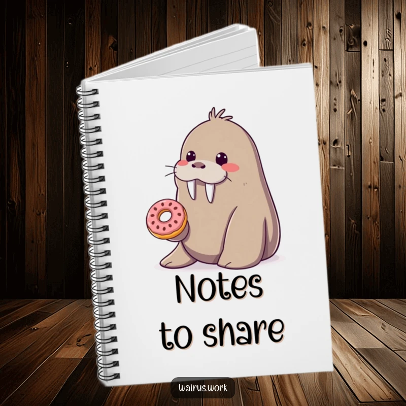 Funny smiling walrus notebook offering a tiny donut from its flipper, perfect for notes, a kind funny gift.