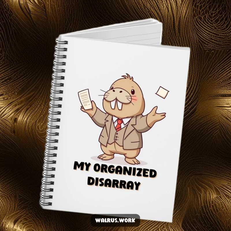 Funny notebook cover with a walrus in a tiny suit juggling many papers, encouraging efficient planning and adding business humor.