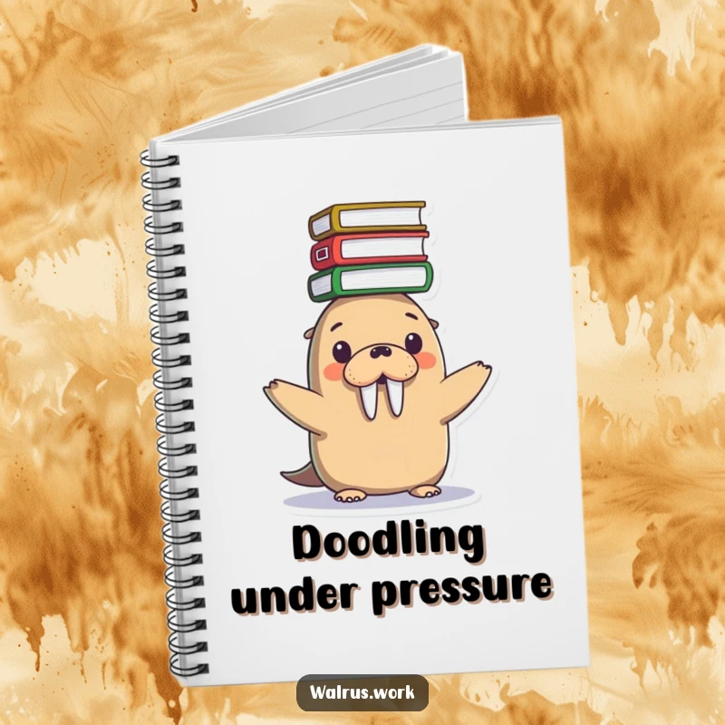 Funny notebook with a cute Kawaii walrus balancing a stack of files on its head, perfect for task management.