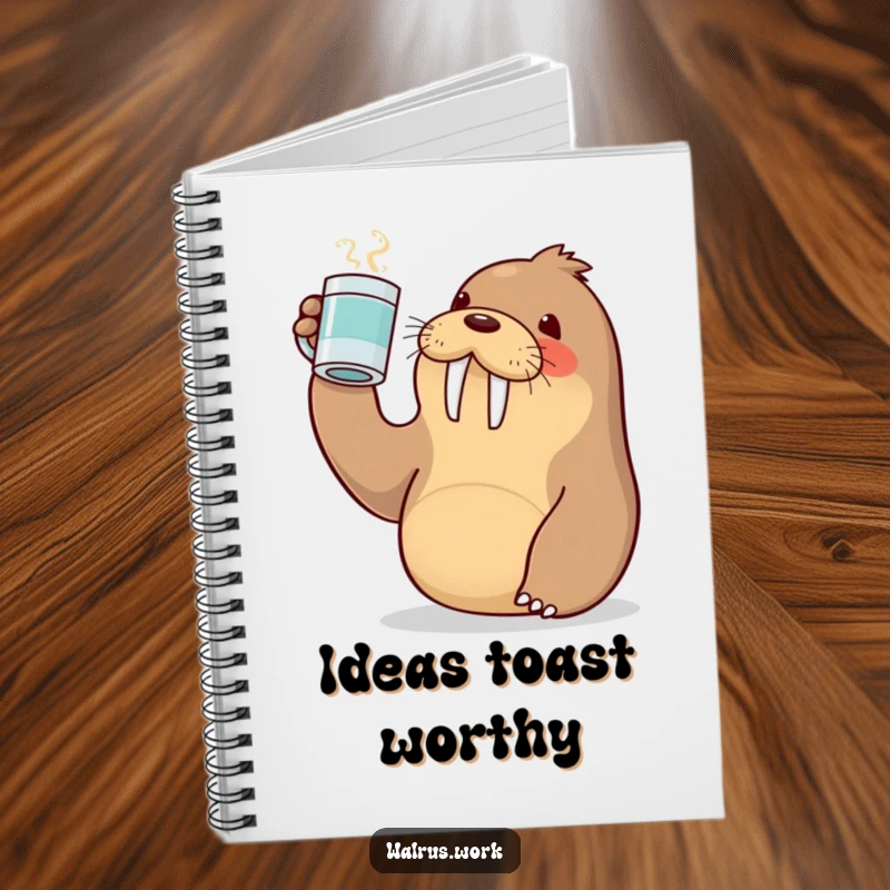Funny notebook with a cute Kawaii walrus raising a coffee mug in a toast, perfect for noting celebrations and ideas.
