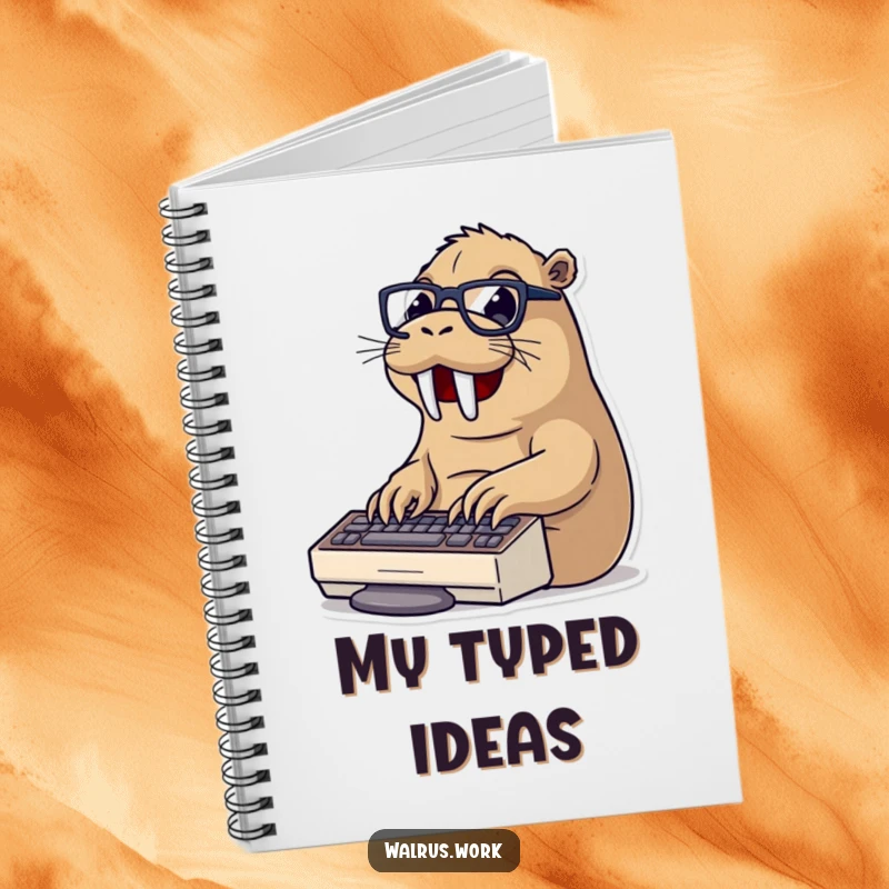 Funny typing walrus notebook with a walrus wearing glasses typing on a keyboard, ideal for taking notes and planning tasks.
