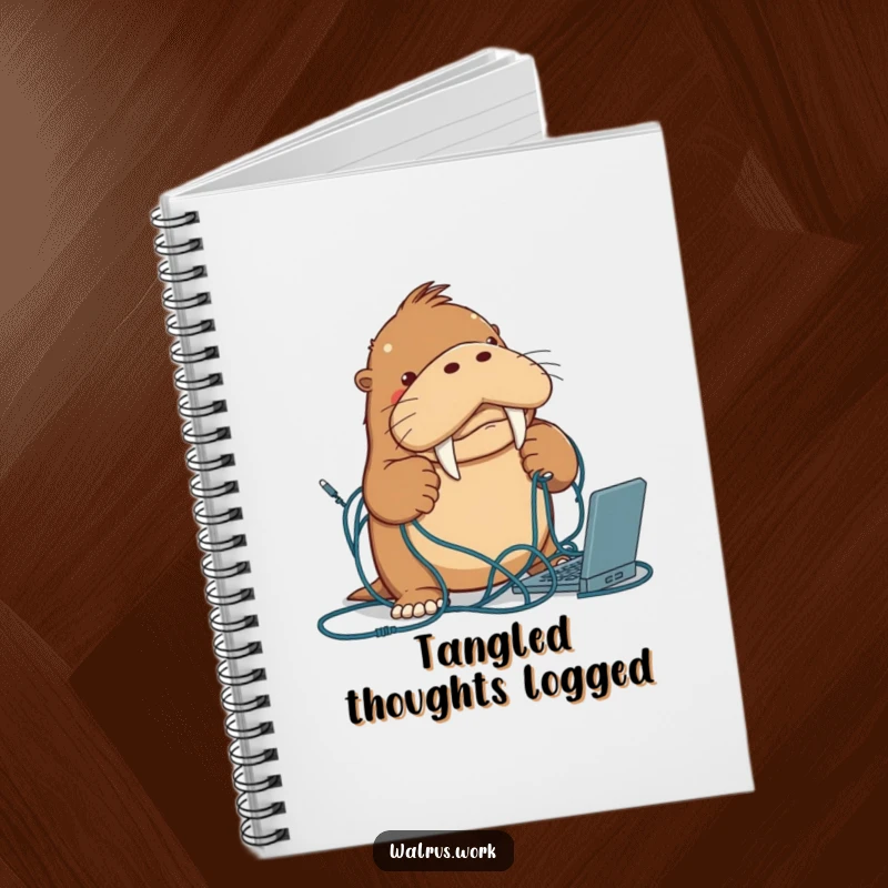 Funny walrus notebook with a determined walrus character battling a tangle of computer cables, ideal for note-taking.