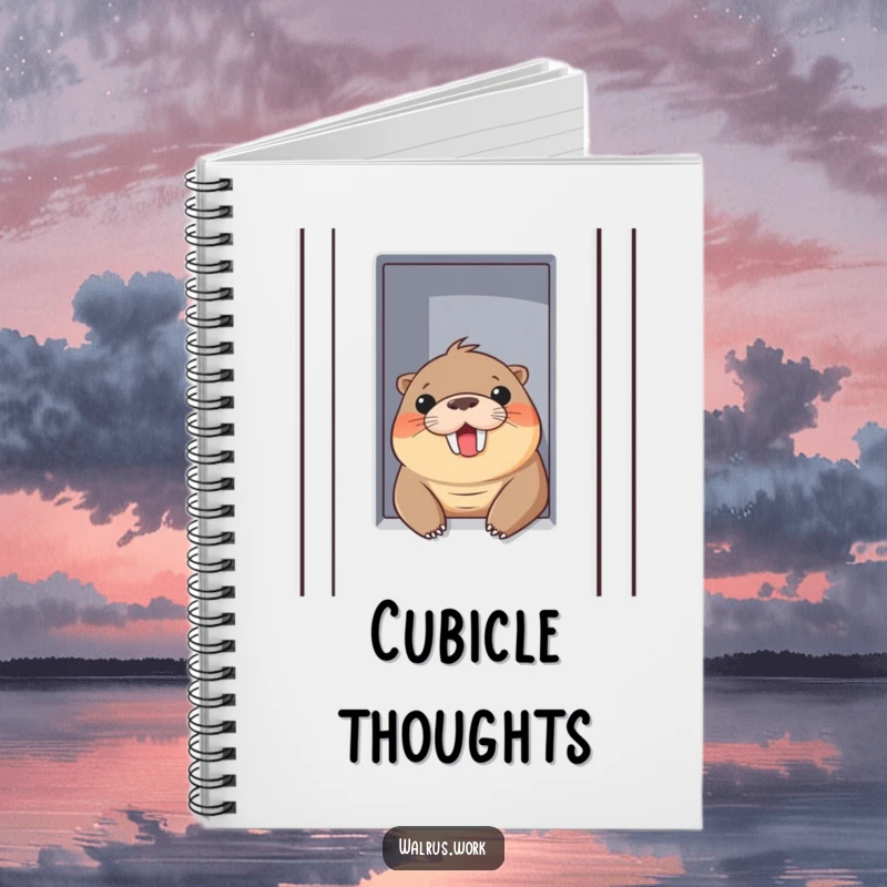 Funny notebook cover featuring a walrus peeking out of a cubicle with a cheerful smile. Ideal for notes.