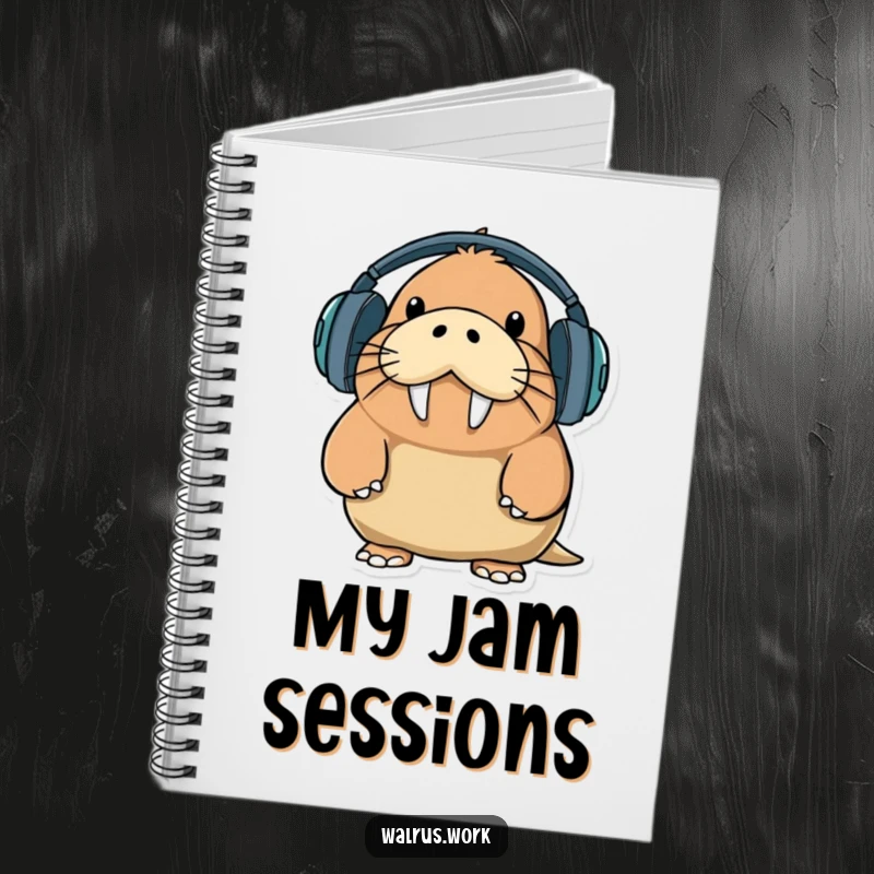 Funny walrus character trying to wear oversized headphones with a comical expression, featured on the cover of a humorous notebook.