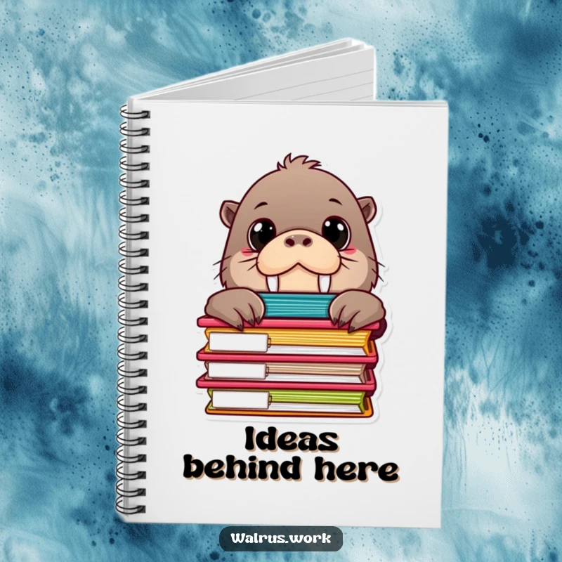 Funny notebook with a curious walrus character, big eyes peeking from behind a stack of colorful file folders, ready for ideas.
