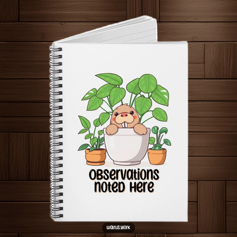 Funny notebook with a curious walrus peeking out from behind a large office plant, perfect for jotting down humorous observations.