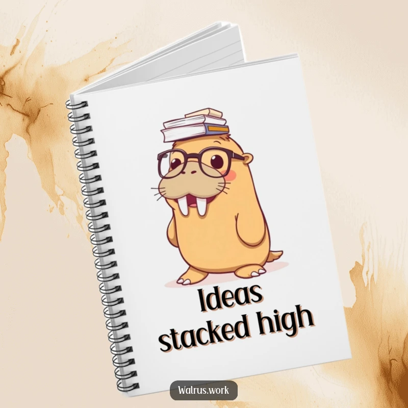 Funny notebook with a smiling walrus wearing glasses, balancing a stack of papers on its nose, perfect for jotting down funny thoughts.