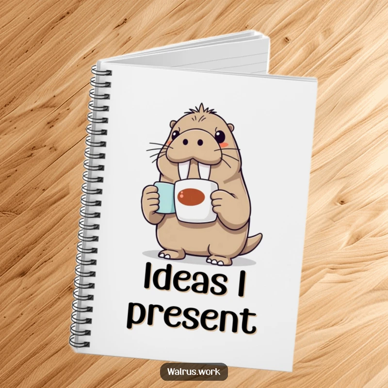 Funny Walrus Notebook: An enthusiastic walrus presents a coffee mug, inspiring creativity and humor in this notebook.