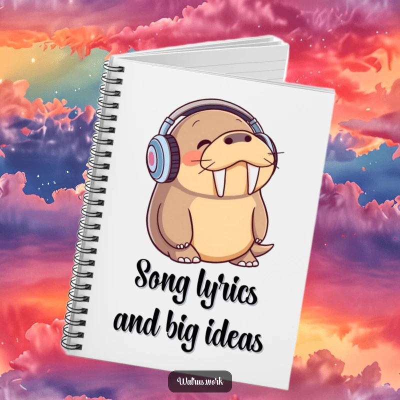 Funny walrus with headphones, bopping its head to music, ideal for writing in a notebook.
