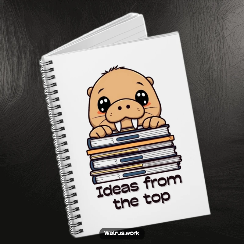 Funny walrus notebook depicting a curious sea mammal peeking over office files, ideal for jotting down notes with a sense of wonder.