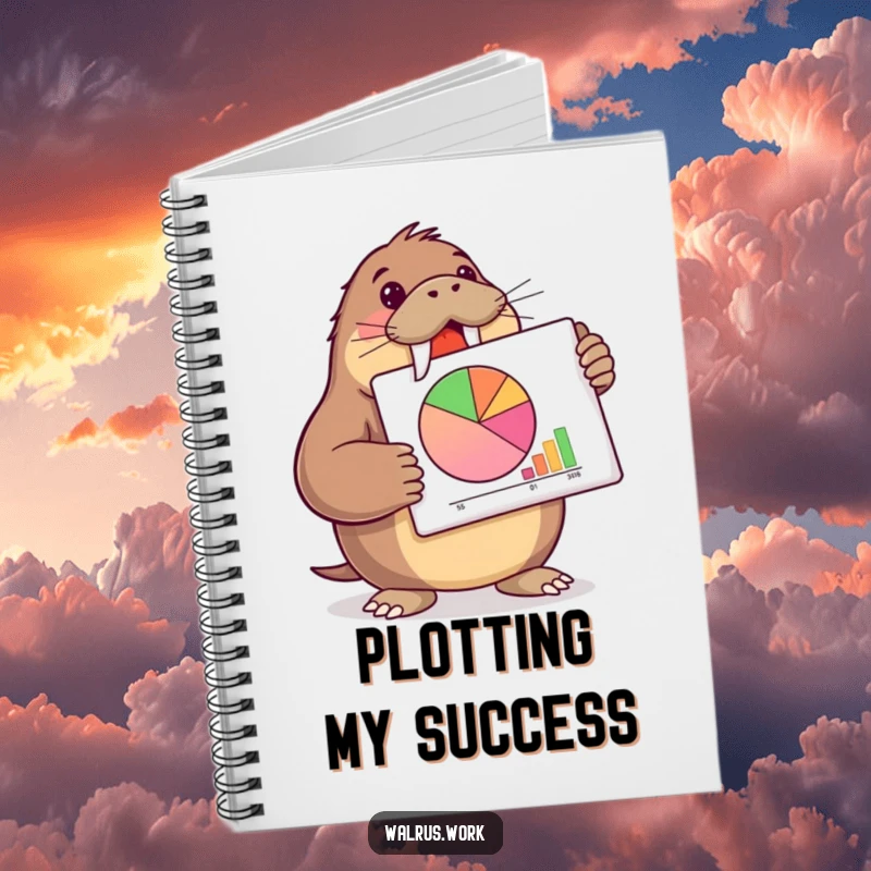 Funny walrus notebook cover showing a walrus presenting a pie chart, great for journaling and planning.