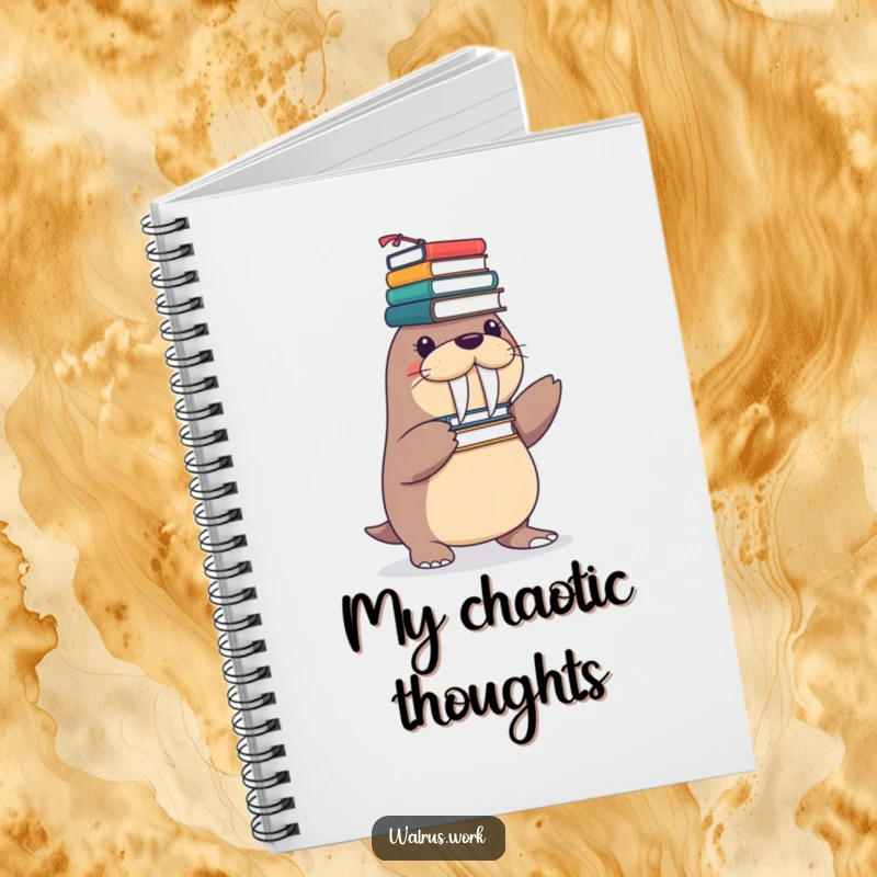 Funny notebook featuring a playful walrus character attempting to balance a tower of office supplies on its flippers.