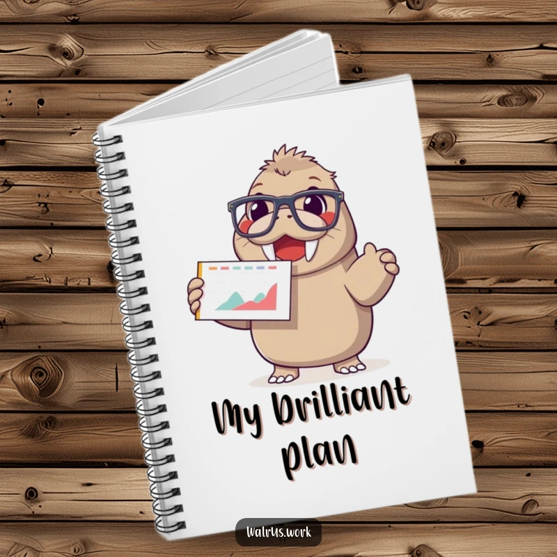Funny notebook with a happy walrus in oversized glasses, enthusiastically presenting a chart with a smiling face.
