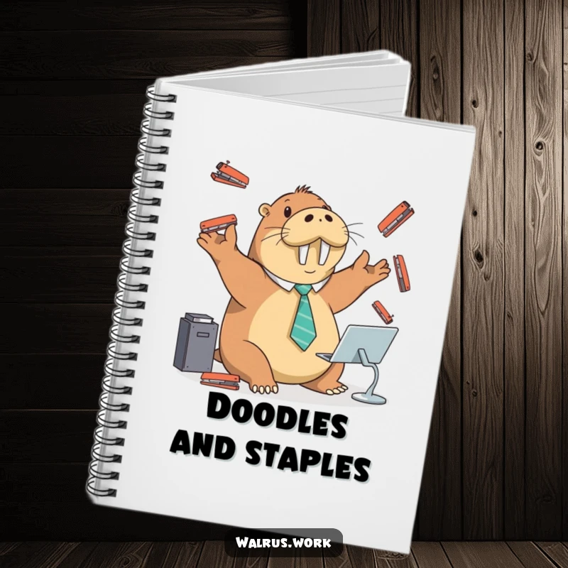Funny notebook cover featuring a walrus in a tie juggling staplers at a desk. Ideal for notes.