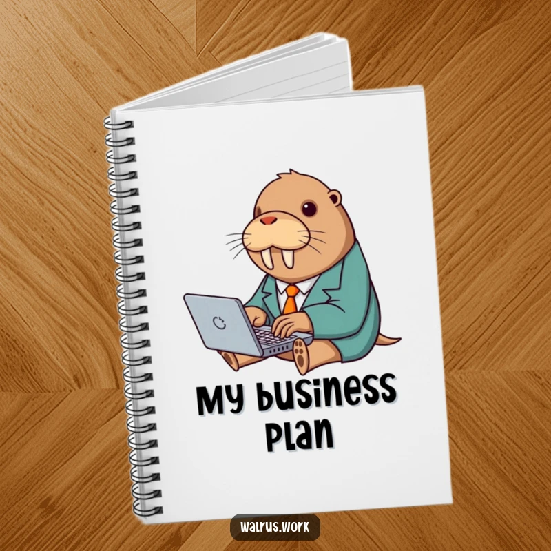 Funny notebook cover featuring a walrus in a tiny suit typing on a laptop, ideal for taking notes.