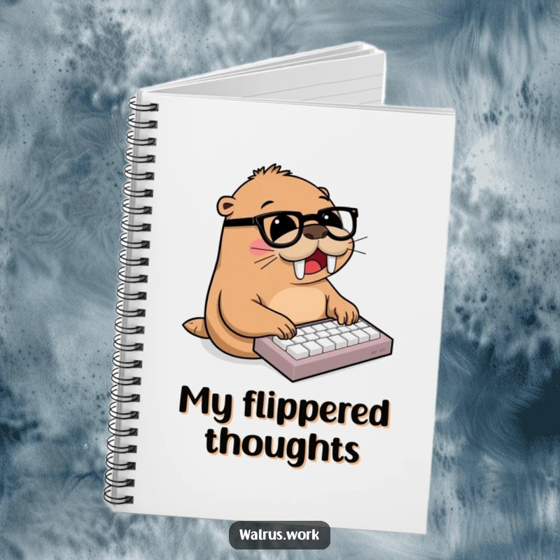 Funny walrus, wearing glasses, joyfully typing on miniature keyboard, office humor, journal, funny stationery, productive notes.