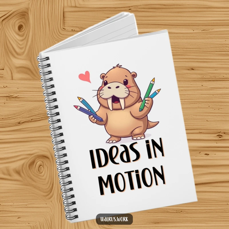 Funny notebook featuring a happy walrus juggling various pens, perfect for brainstorming and jotting down funny thoughts.