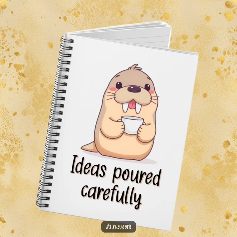 Funny notebook with a playful walrus balancing a delicate teacup on its snout, perfect for jotting down humorous thoughts.