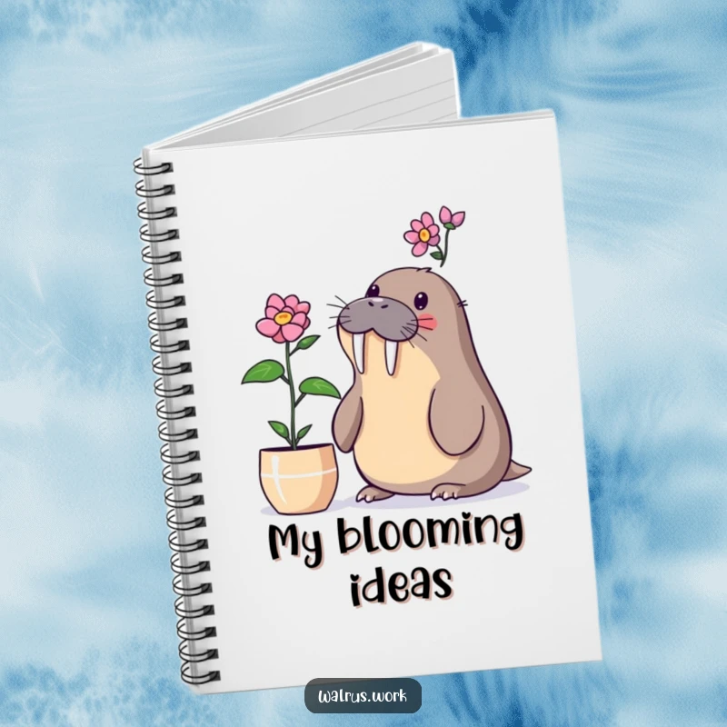 Funny walrus notebook with a walrus surprised by a blooming desk plant, ideal for journaling.