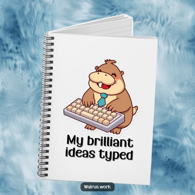 Funny walrus notebook cover with a smiling walrus in a tie typing on a huge keyboard, ideal for notes.