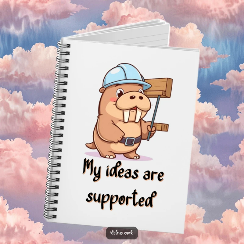 Funny walrus in a hard hat humorously holding up a shelf, inspiring note-takers. Perfect funny gift notebook.