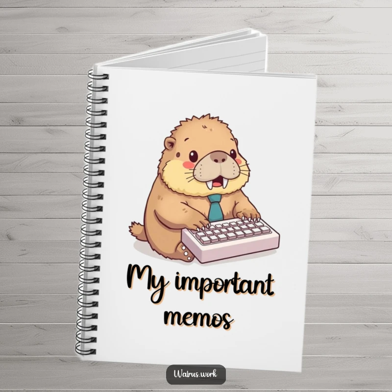 Funny notebook with a fluffy walrus wearing a tie, typing excitedly on a miniature keyboard, ready to record ideas.
