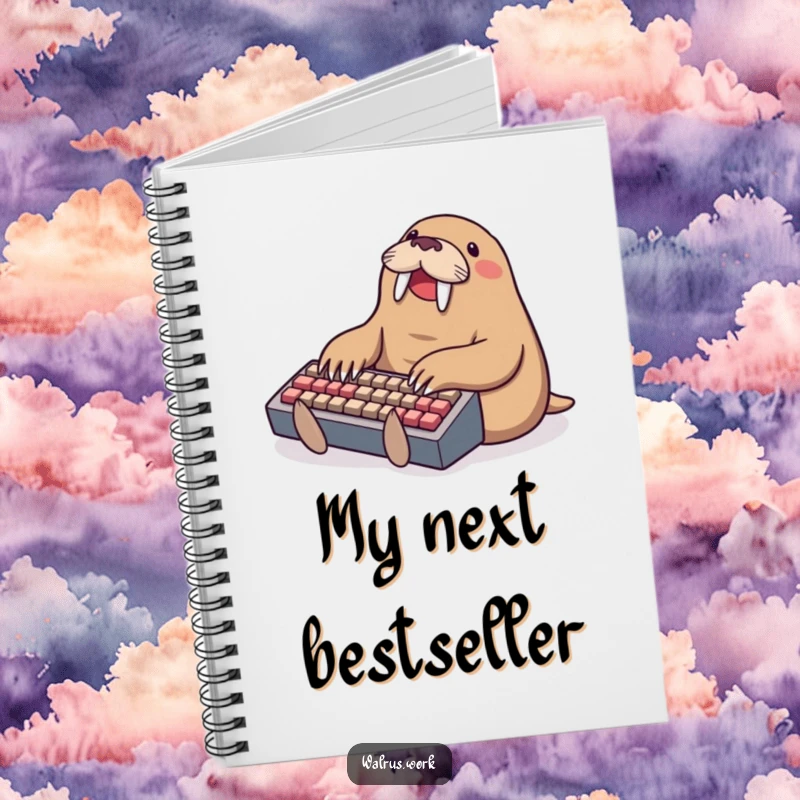 Funny typing walrus notebook cover, a walrus joyfully typing on a tiny keyboard, perfect for jotting down code and stories.
