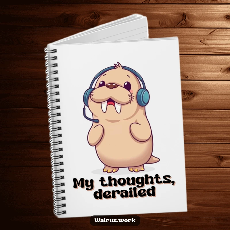 Funny notebook featuring a walrus in a headset, looking surprised by a phone call, ideal for jotting down ideas and jokes.