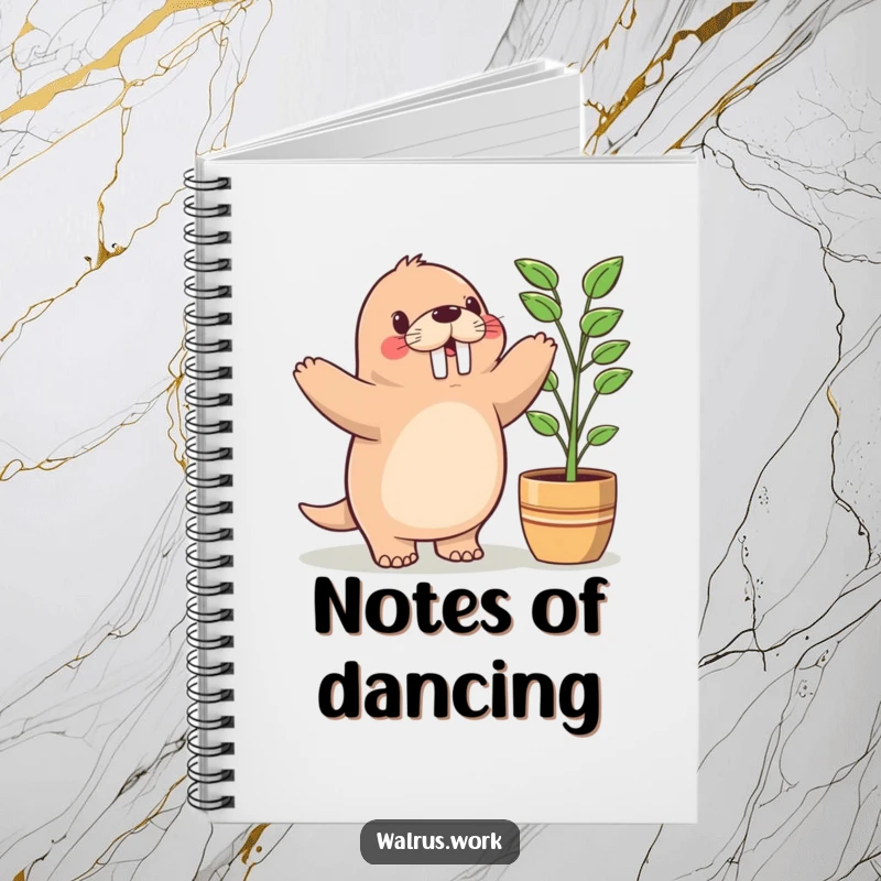 Funny notebook with a cute Kawaii walrus doing a happy dance next to a potted plant, perfect for journaling happy thoughts.