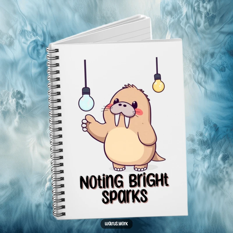 Funny notebook with a cute Kawaii walrus pointing at a lightbulb, perfect for capturing ideas and creative thoughts.