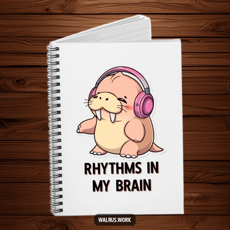 Funny walrus wearing headphones, eyes closed, bopping head to music on a lined notebook, perfect for notes.