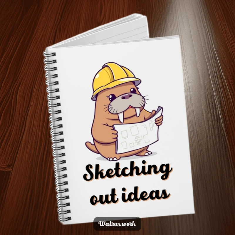 Funny walrus notebook cover with a walrus in a hard hat examining a blueprint, perfect for planning.