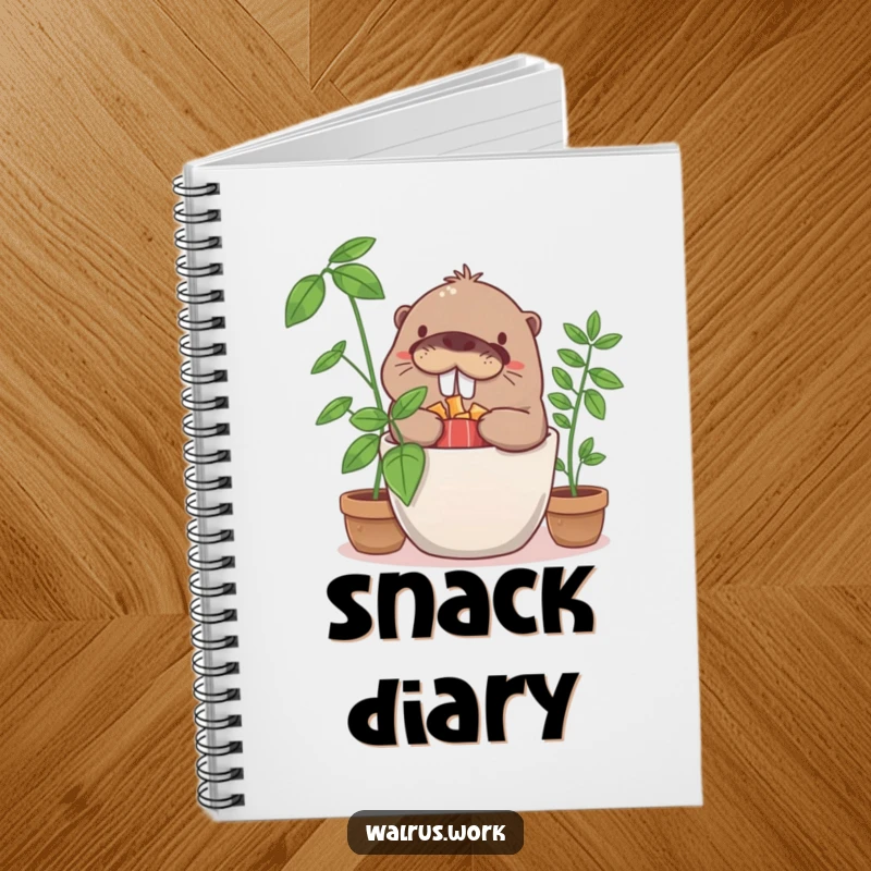 Funny giggling walrus character hiding snacks in a potted plant, featured on the cover of a humorous notebook.