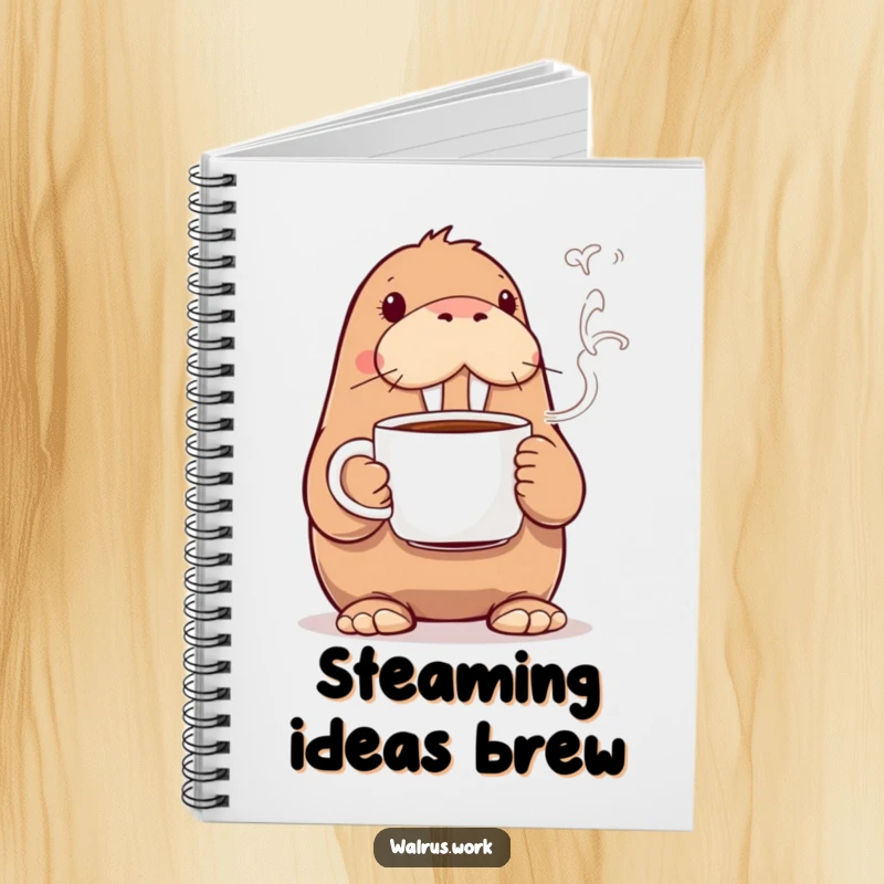 Funny walrus notebook with a walrus holding a steaming coffee cup, designed for humorous note-taking and journaling about life.