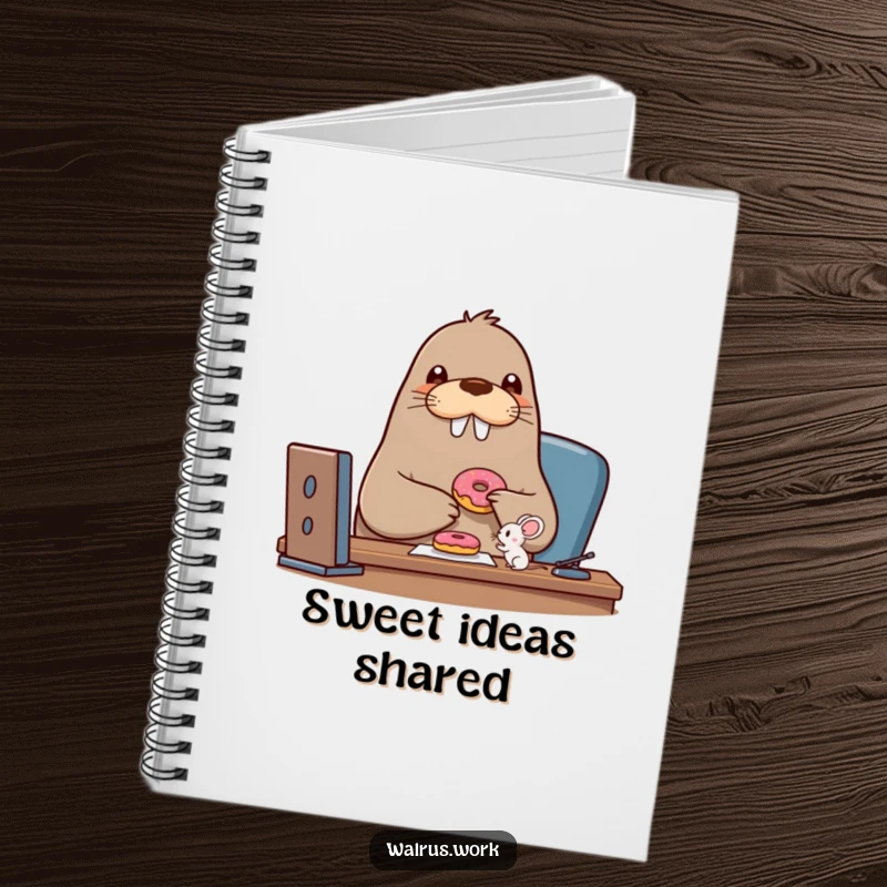 Funny walrus notebook with a walrus character sharing a donut with a tiny mouse, perfect for jotting down sweet ideas.