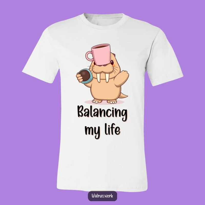 Funny Walrus Balancing T-Shirt: Coffee Lover's Hilarious Struggle, Perfect Gift