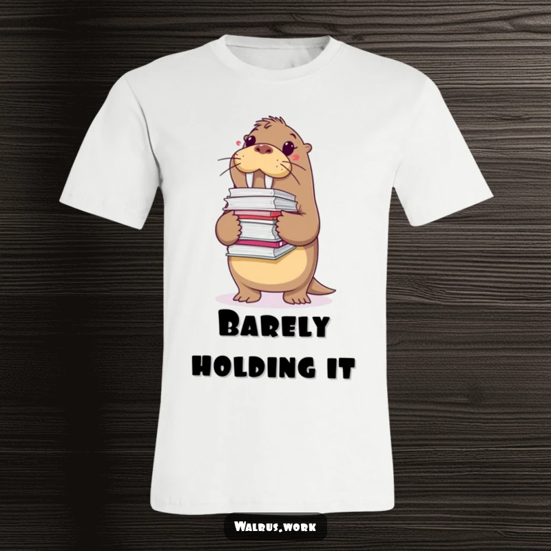 Funny t-shirt featuring a walrus struggling to hold a large stack of files, representing the relatable chaos of a heavy workload.