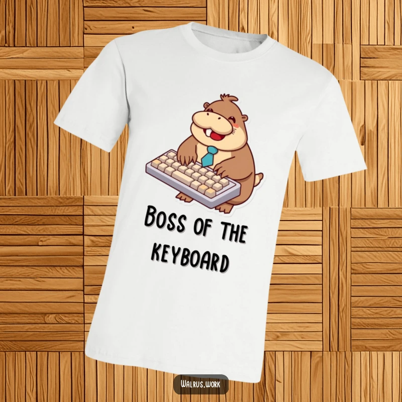 Funny walrus t-shirt depicting a smiling walrus wearing a tiny tie, typing energetically on a massive keyboard.