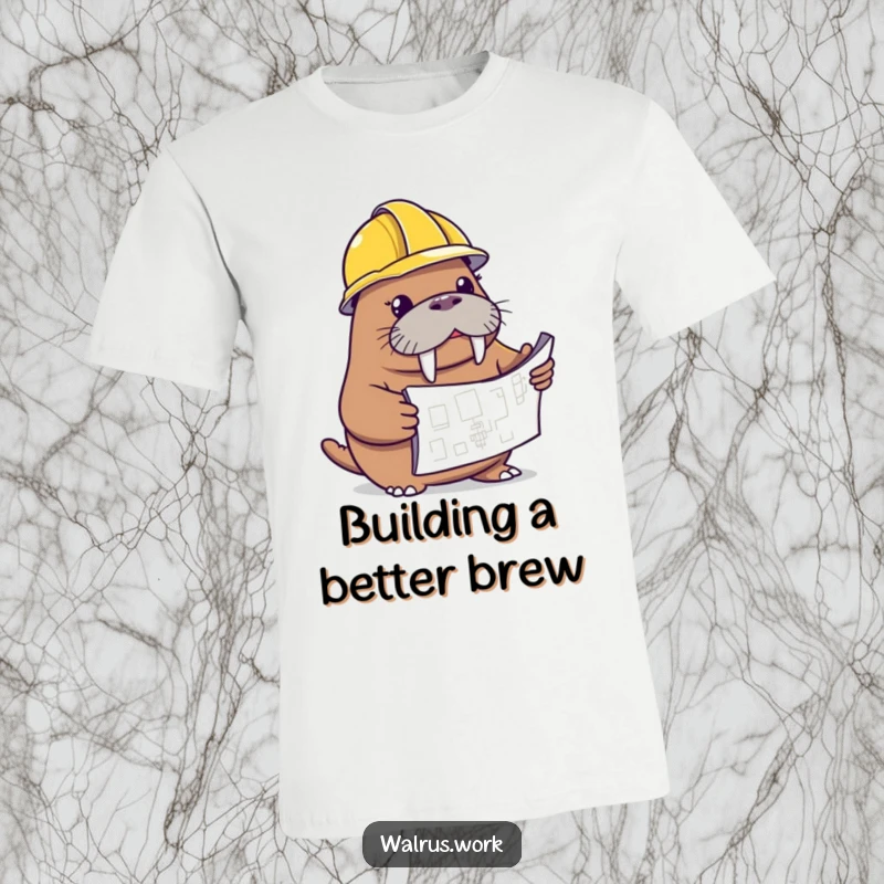 Funny walrus t-shirt featuring a walrus with a hard hat examining a blueprint, perfect for construction fans.