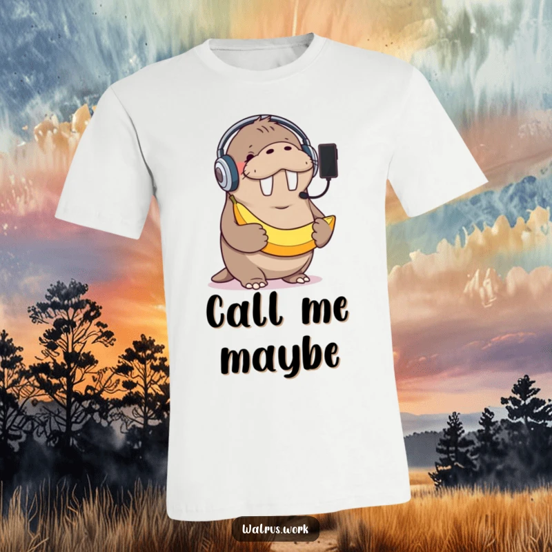 Funny t-shirt with a giggling walrus wearing a headset, accidentally holding a banana as a phone, showcasing tech blunders humorously.
