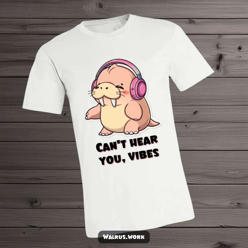 Funny walrus wearing headphones, eyes closed, bopping head to music on a t-shirt, radiating pure musical joy.