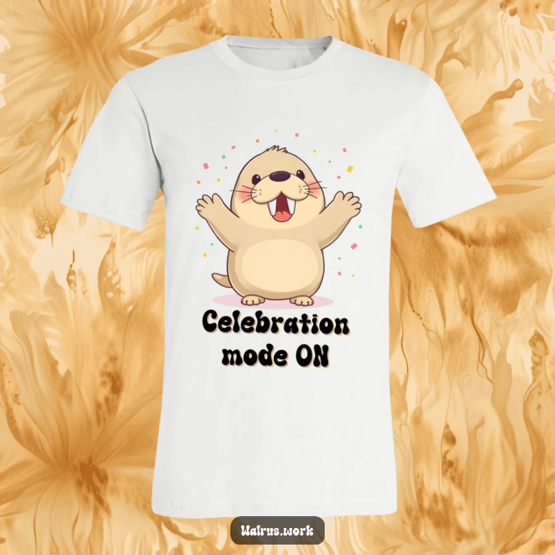 Funny walrus t-shirt with a walrus cheering and confetti falling, great for party vibes.