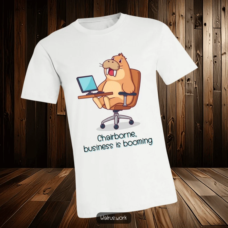 Funny t-shirt featuring a walrus joyfully riding an office chair, a humorous take on workplace commuting.