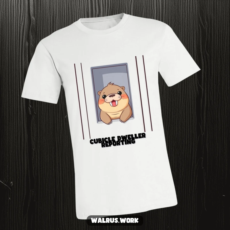 Funny t-shirt of a walrus playfully peeking out of a cubicle wall with a cheerful smile, perfect for office humor.