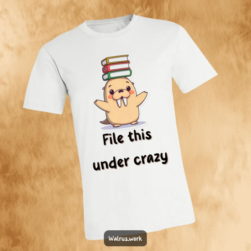 Funny T-Shirt featuring a cute Kawaii walrus struggling to balance a tall stack of files on its head, showing office life.